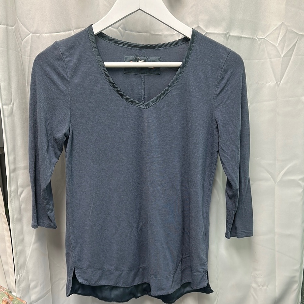 Pure Good Chic V-Neck 3/4 Sleeve Blouse - Slate Blue W/ Contrast Satin Trim